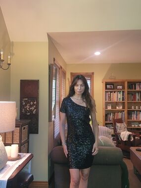 Sequin One-Shoulder Black Party Dress